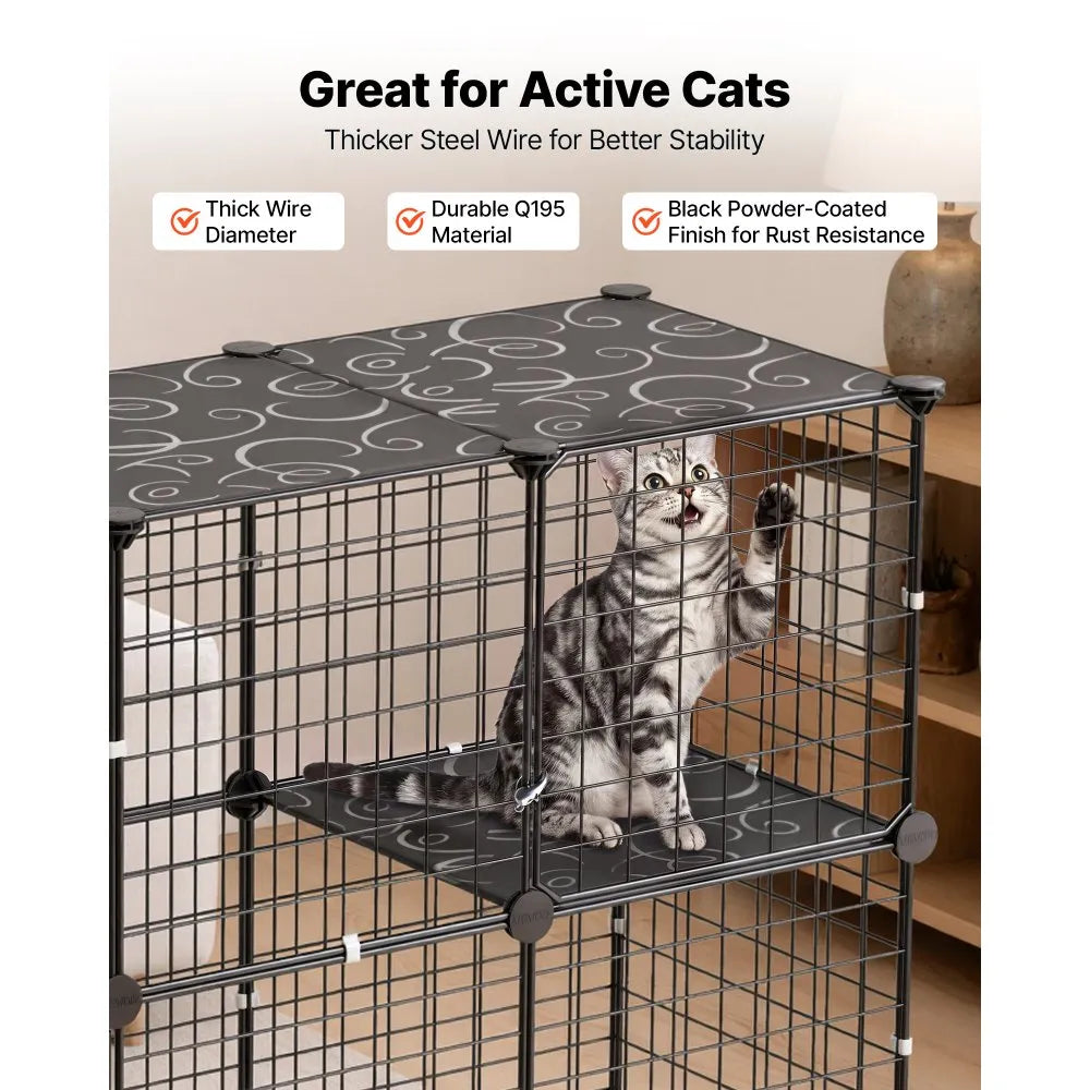 4-Tier DIY Cat Cage, Large Indoor Cat Playpen with Litter Box Space, Metal Wire Enclosure for 1–2 Cats, Black
