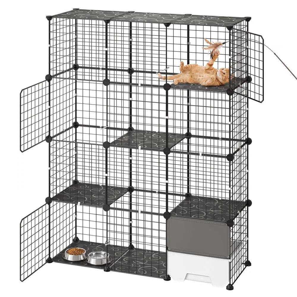 4-Tier DIY Cat Cage, Large Indoor Cat Playpen with Litter Box Space, Metal Wire Enclosure for 1–2 Cats, Black