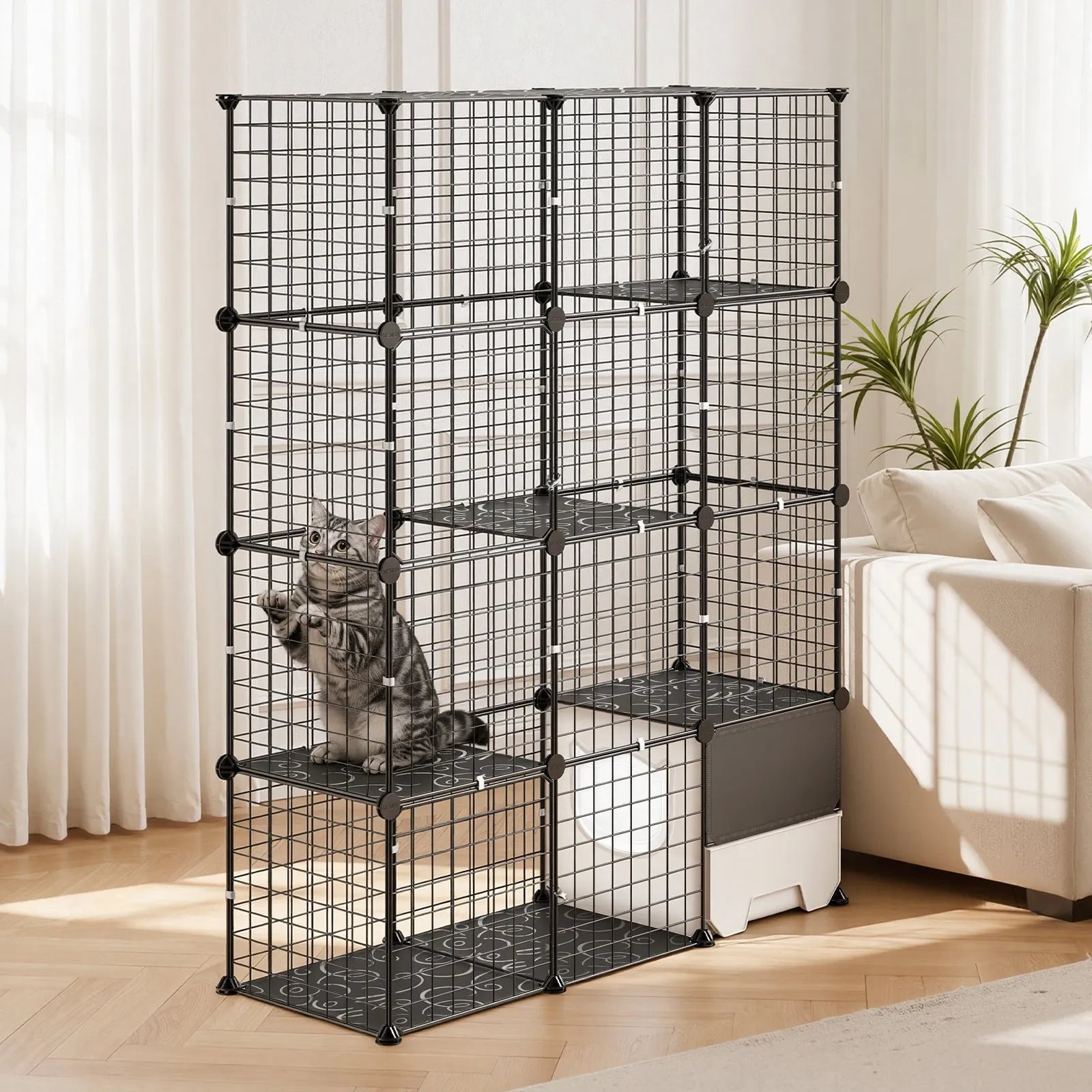4-Tier DIY Cat Cage, Large Indoor Cat Playpen with Litter Box Space, Metal Wire Enclosure for 1–2 Cats, Black