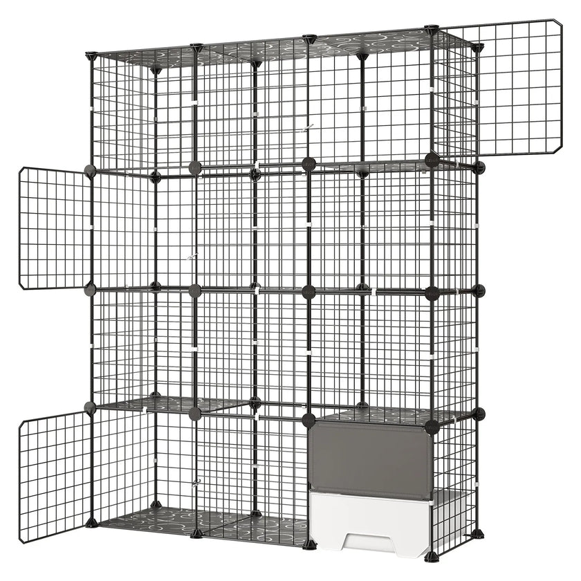 4-Tier DIY Cat Cage, Large Indoor Cat Playpen with Litter Box Space, Metal Wire Enclosure for 1–2 Cats, Black