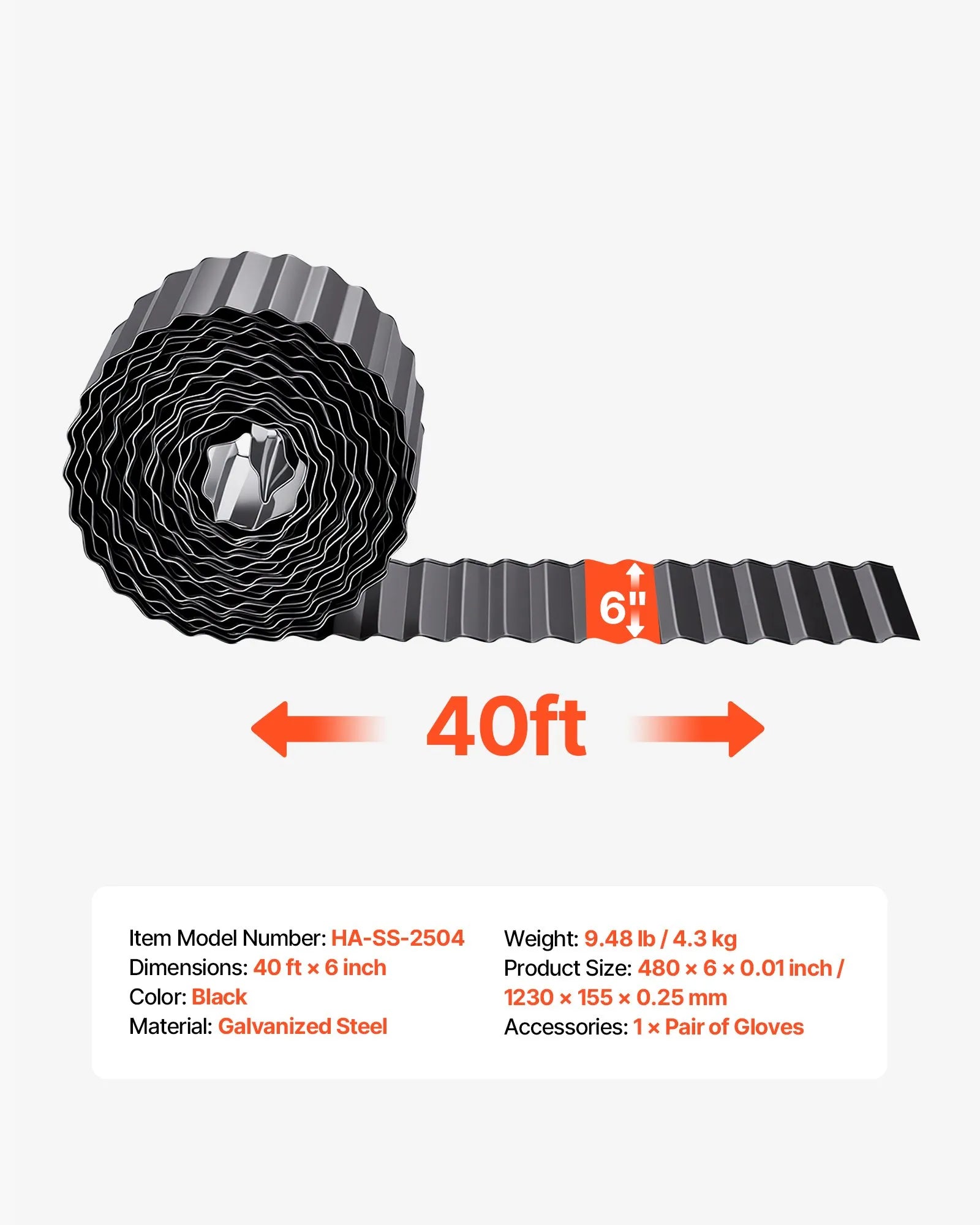 Galvanized Steel Landscape Edging – 40 ft x 6 in Metal Garden Border – Heavy Duty Bendable Lawn & Flower Bed Edging (Black)