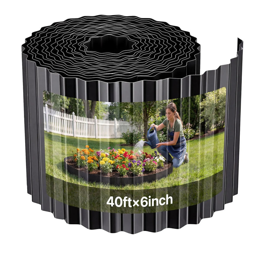 Galvanized Steel Landscape Edging – 40 ft x 6 in Metal Garden Border – Heavy Duty Bendable Lawn & Flower Bed Edging (Black)