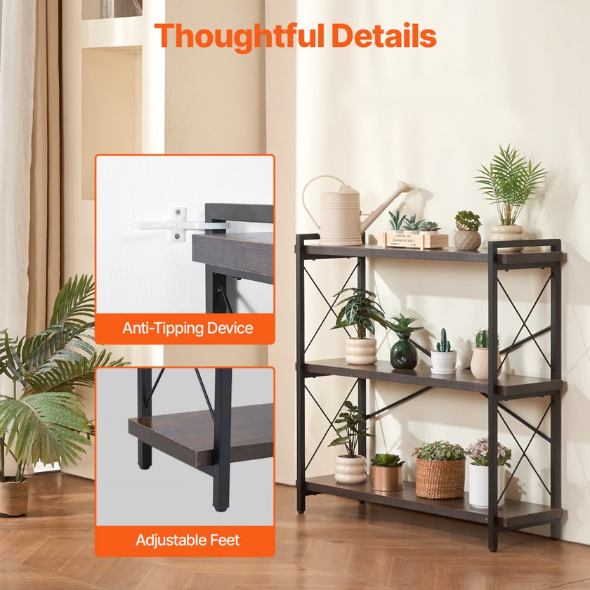 VEVOR Metal Bookshelf Rustic Bookshelf 3-Tier for Living room Bedroom & Office