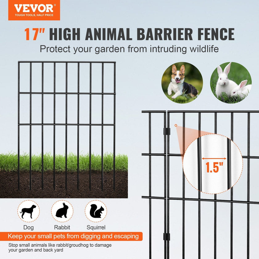 VEVOR Garden Fence, No Dig Fence 17''(H)x13''(L) Animal Barrier Fence, Underground Decorative Garden Fencing with 1.5 inch Spike Spacing, Metal Dog Fence for the Yard and Outdoor Patio, 19 Pack