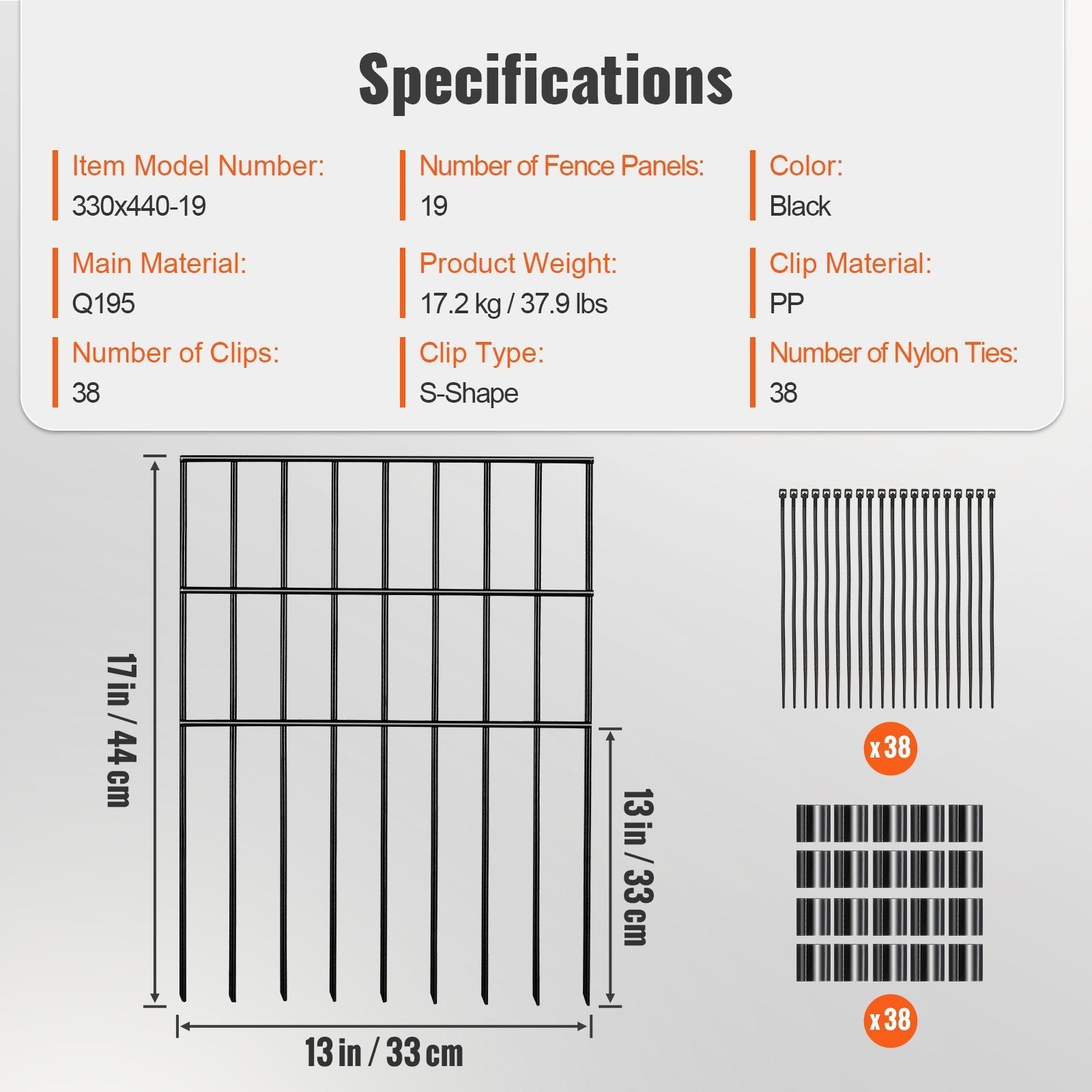 VEVOR Garden Fence, No Dig Fence 17''(H)x13''(L) Animal Barrier Fence, Underground Decorative Garden Fencing with 1.5 inch Spike Spacing, Metal Dog Fence for the Yard and Outdoor Patio, 19 Pack