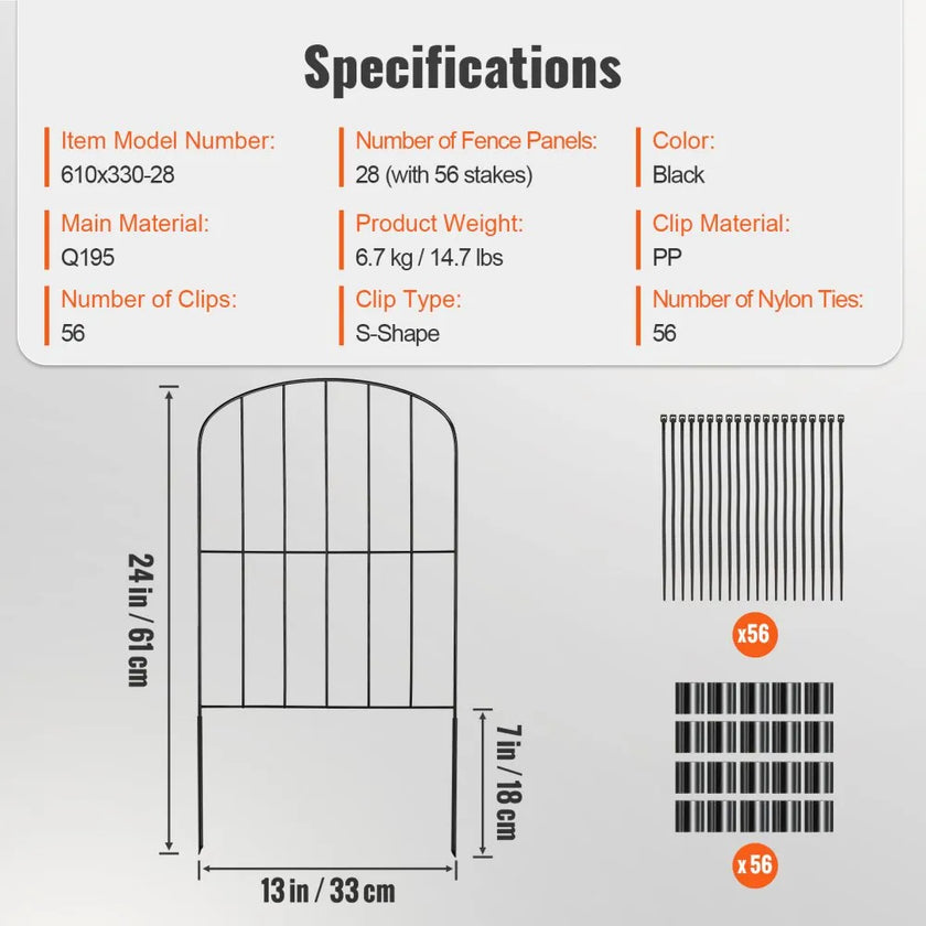 VEVOR Garden Fence, No Dig Fence 24''(H)x13''(L) Animal Barrier Fence, Underground Decorative Garden Fencing with 2 inch Spike Spacing, Metal Dog Fence for the Yard and Outdoor Patio, 28 Pack