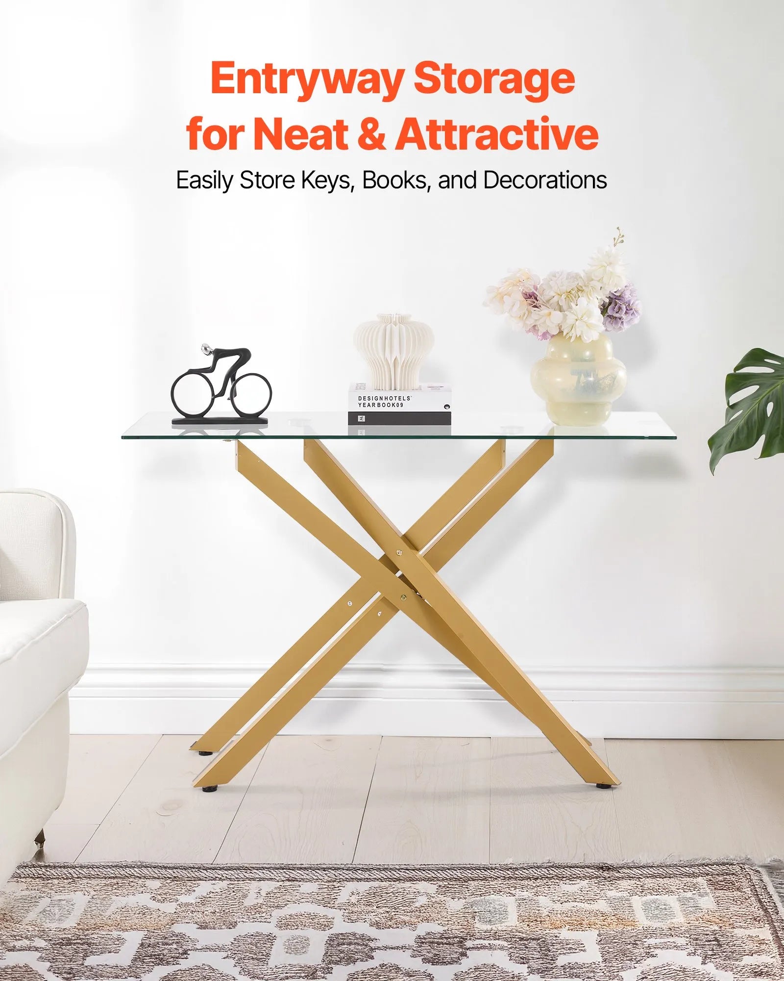 VEVOR Glass Coffee Table Rectangle Sofa Side Table with Glass Top & Cross-Legs