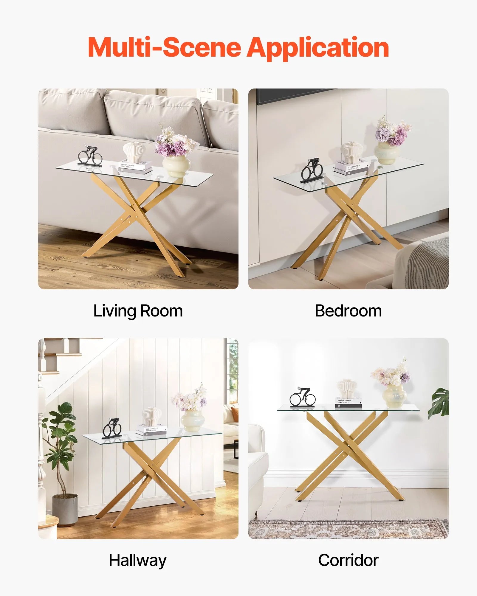 VEVOR Glass Coffee Table Rectangle Sofa Side Table with Glass Top & Cross-Legs