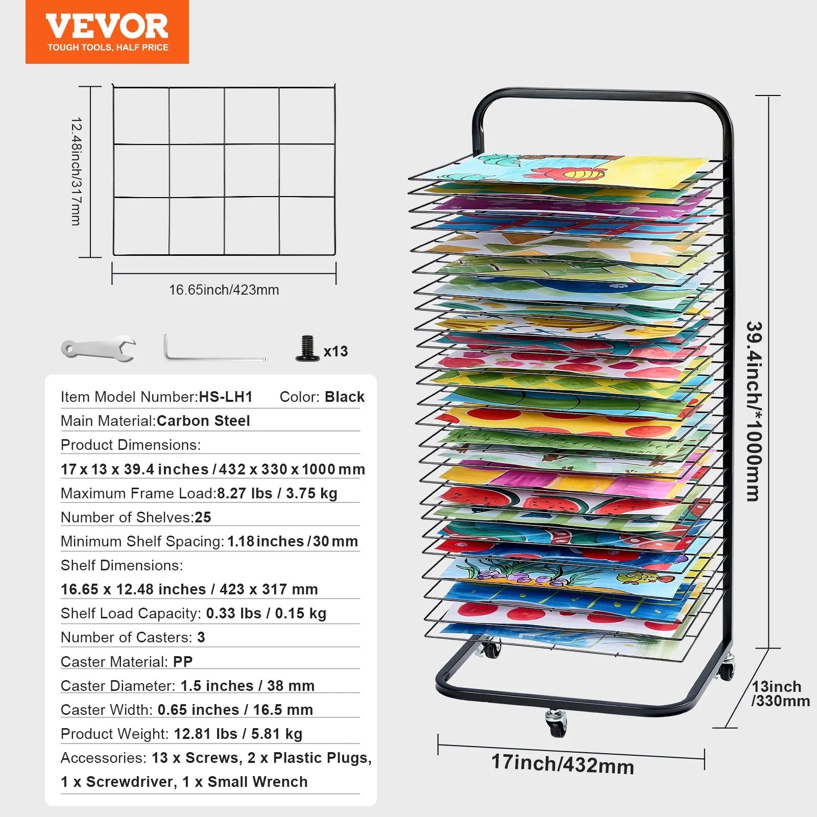 VEVOR Art Drying Rack 25 Removable Shelves Paint Drying Rack With Wheels Black