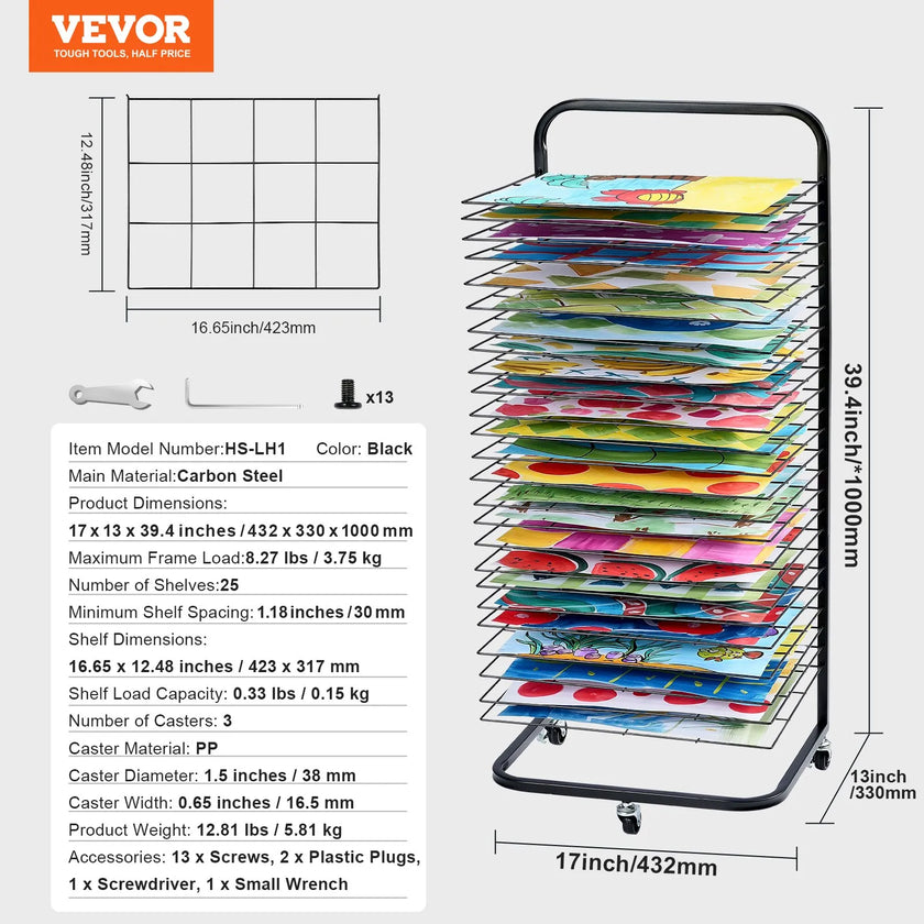VEVOR Art Drying Rack 25 Removable Shelves Paint Drying Rack With Wheels Black