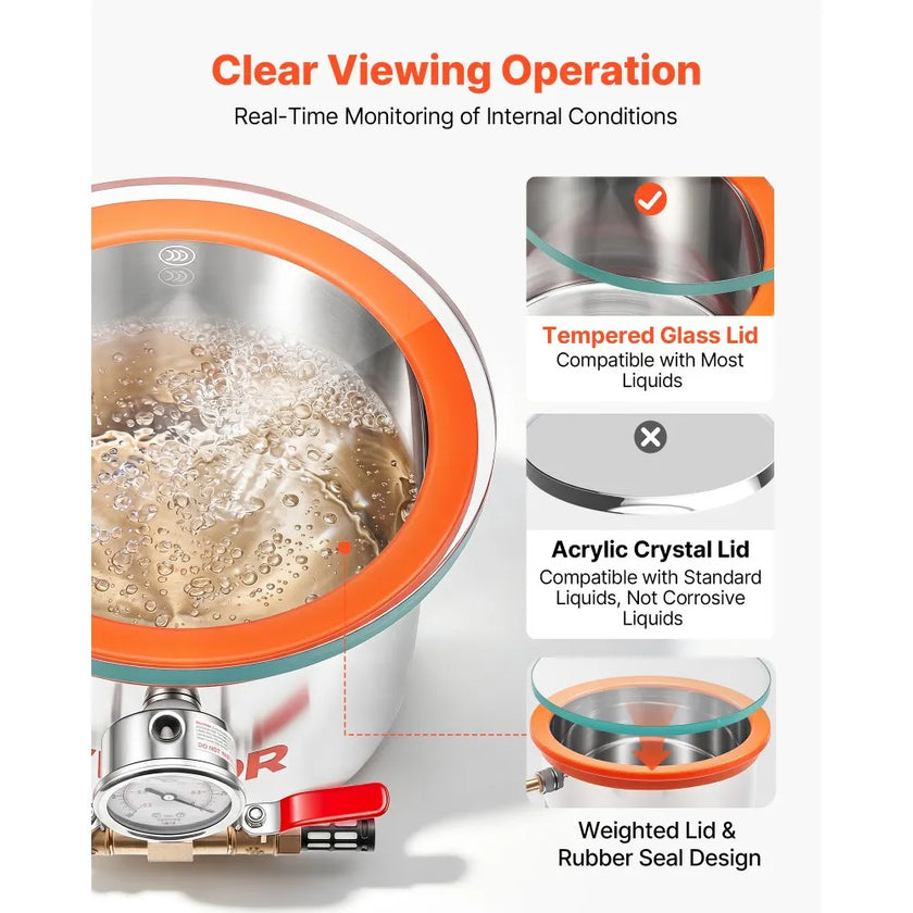VEVOR 1.5 Gallon Stainless Steel Vacuum Chamber with Tempered Glass Lid for Resin Casting & Degassing