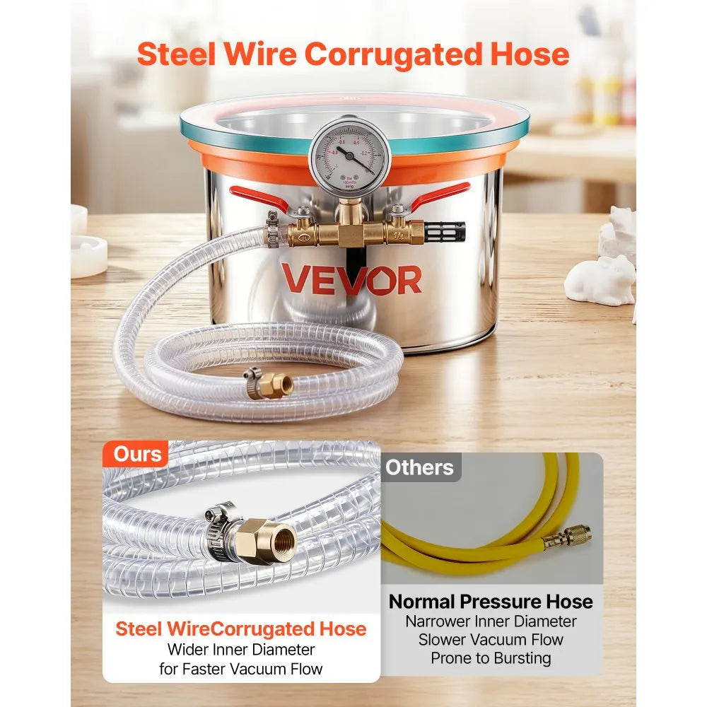 VEVOR 1.5 Gallon Stainless Steel Vacuum Chamber with Tempered Glass Lid for Resin Casting & Degassing