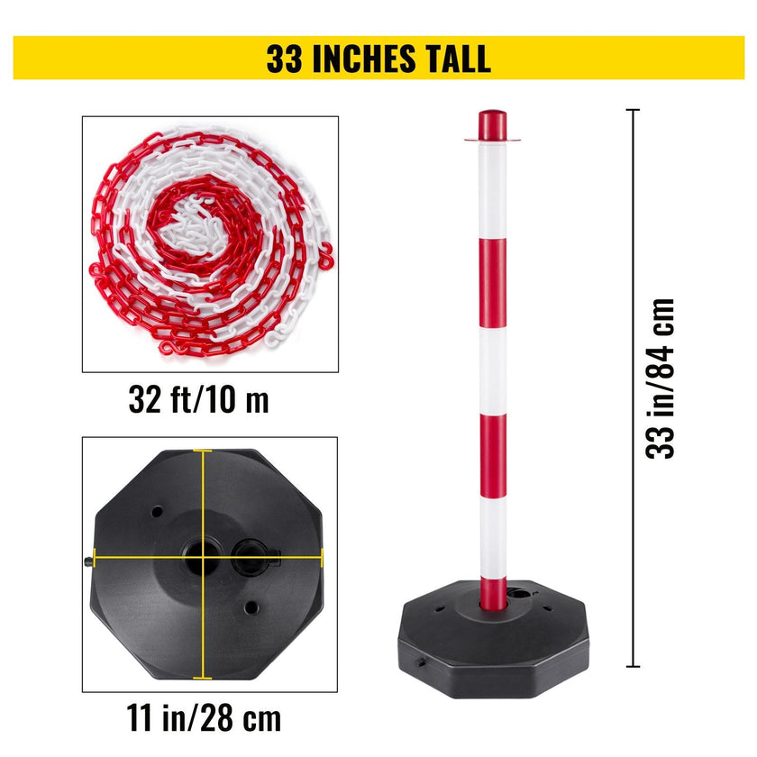 VEVOR Plastic Stanchion, 4pcs Chain Stanchion, Plastic Stanchion Kit w/ 32ft Chain 8 S-Hooks, PE Plastic White Stanchion for Warning/Crowd Control at Parking Lot, Construction Lot, Driveway Elevator