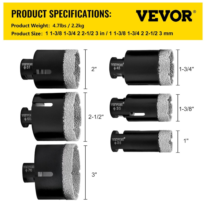 VEVOR Diamond Drill Bits 6/8/10/13/19/25/32/51 mm Diamond Hole Saw Brazed Tile 0.59in Segment Finger Bit SDS Tile Hole Saw Kit with a Blade for Tile Ceramic Porcelain Marbl 5/8\