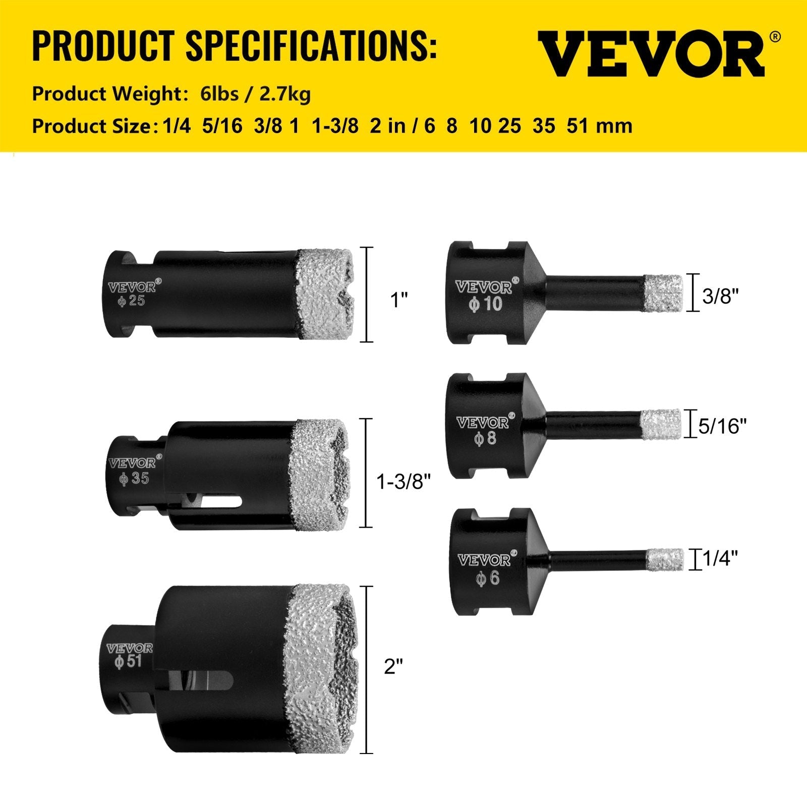 VEVOR Diamond Drill Bits 6PCS Diamond Hole Saw 6/8/10/25/35/51 mm Tile Hole Saw Kit Vacuum Brazed Diamond Drill Bit 0.59in Segment Tile Hole Saw with a Blade for Tile Ceramic Porcelain Marble Stone