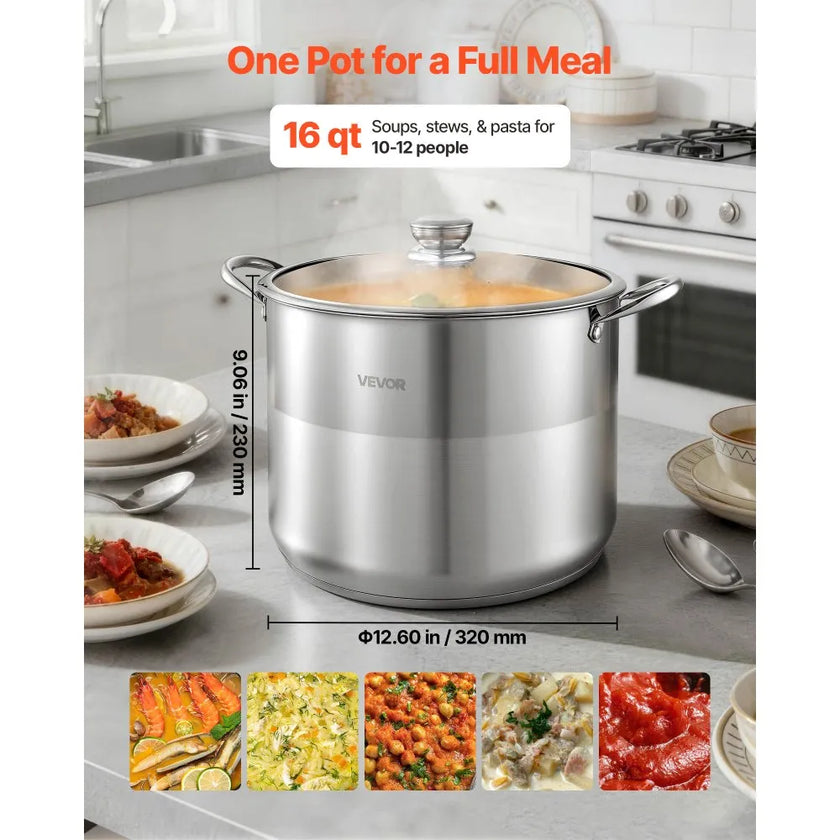 16-Quart Stainless Steel Stock Pot with Glass Lid – Induction Compatible Cooking Pot
