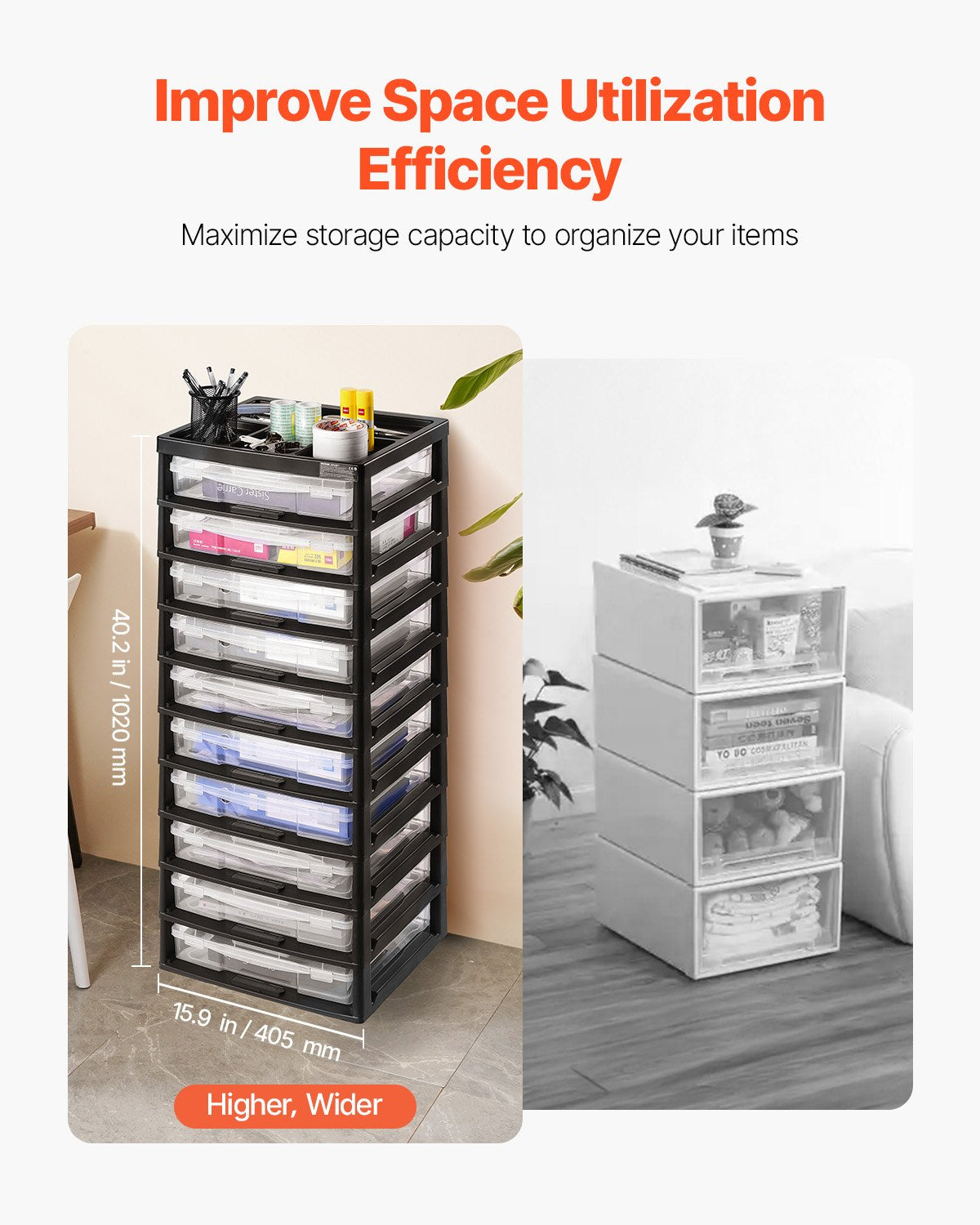Plastic Storage Organizer 10-Tier Large Capacity with Organizer Top Black Frame