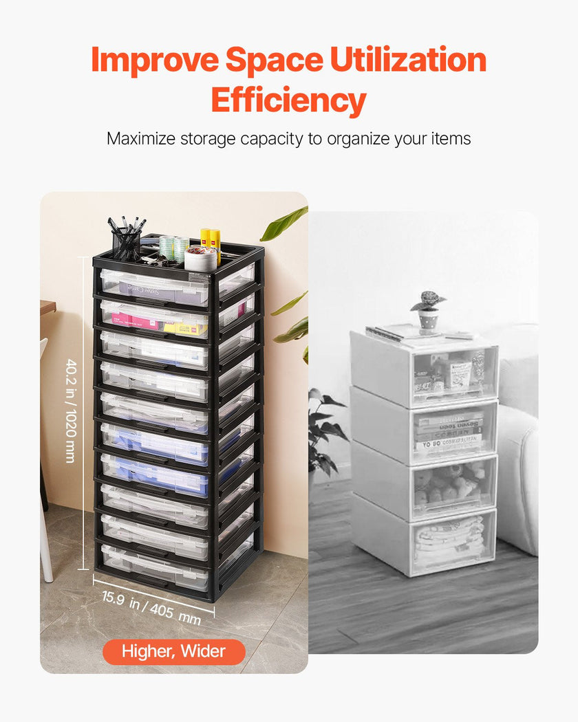 Plastic Storage Organizer 10-Tier Large Capacity with Organizer Top Black Frame