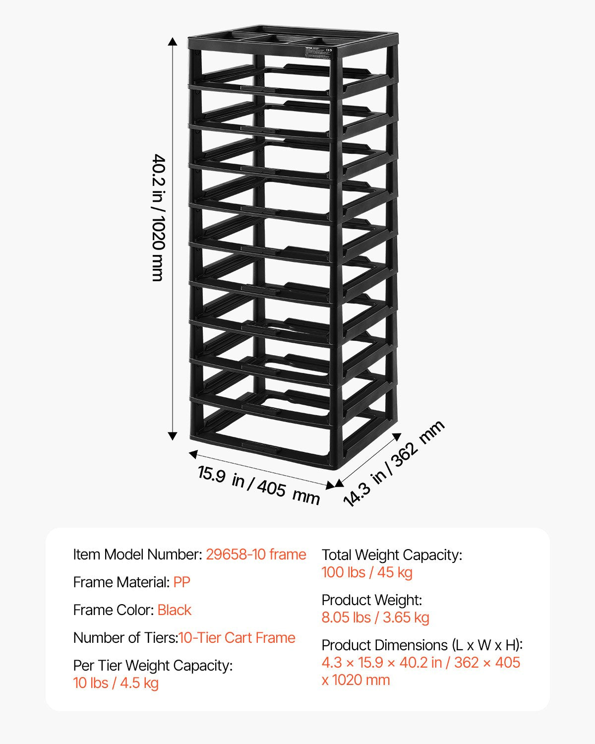 Plastic Storage Organizer 10-Tier Large Capacity with Organizer Top Black Frame