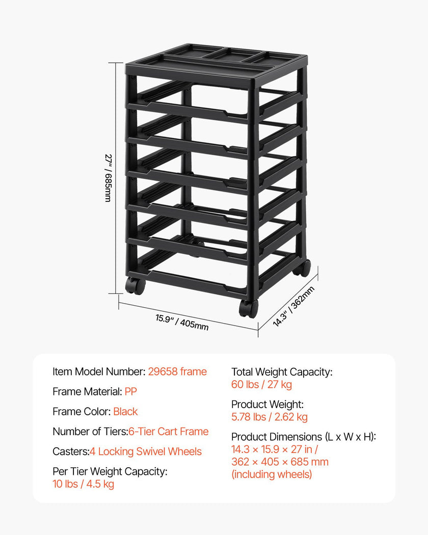 Scrapbook Rolling Storage Cart 6-Tier Large Capacity with Organizer Top Black
