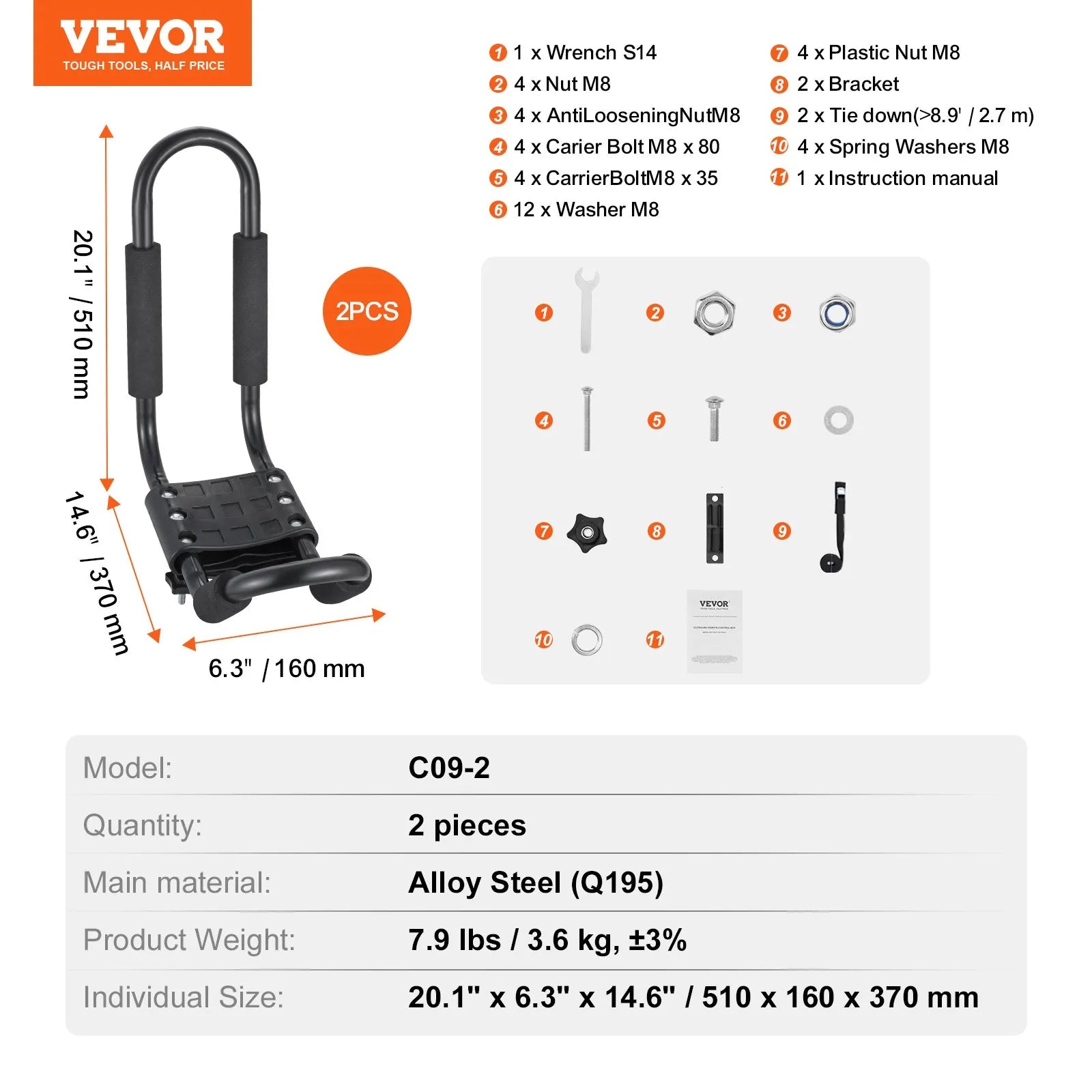 VEVOR Kayak Roof Rack 1 Pair J-Bar, Soft Roof Rack, Top Mount Tie Down, Carrier for kayak, Surf Board, Canoe, SUP, Ski Board, Mount on Car, SUV, Truck, 1 Kayak