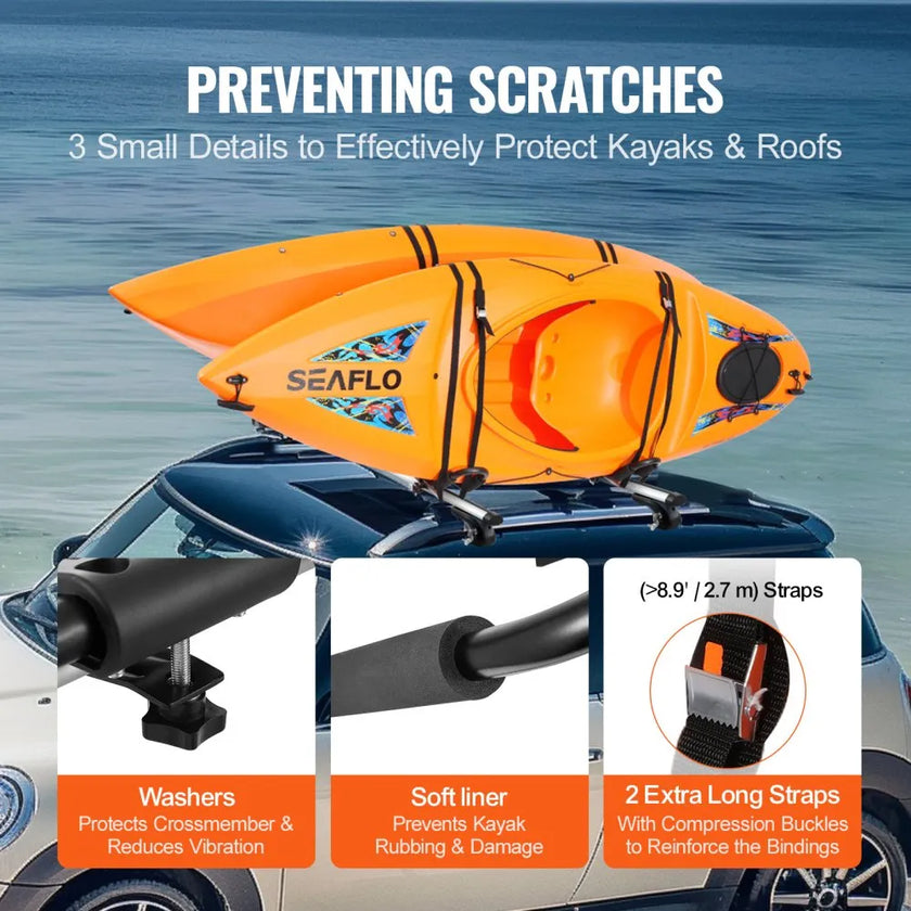 VEVOR Kayak Roof Rack 2 Pairs J-Bar, Soft Roof Rack, Top Mount Tie Down, Carrier for kayak, Surf Board, Canoe, SUP, Ski Board, Mount on Car, SUV, Truck, 2 Kayaks