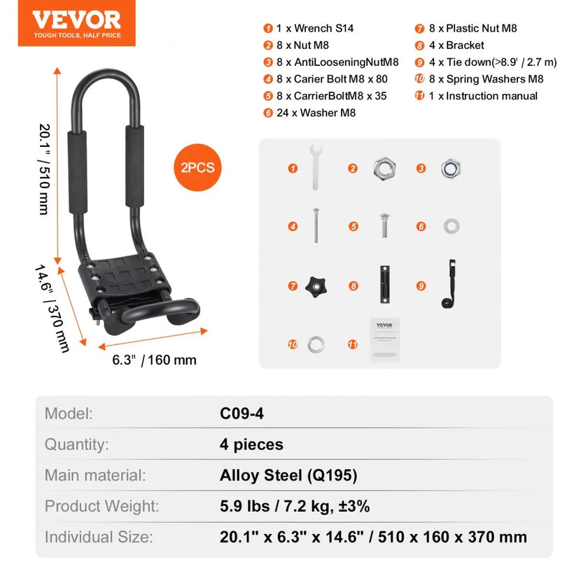 VEVOR Kayak Roof Rack 2 Pairs J-Bar, Soft Roof Rack, Top Mount Tie Down, Carrier for kayak, Surf Board, Canoe, SUP, Ski Board, Mount on Car, SUV, Truck, 2 Kayaks