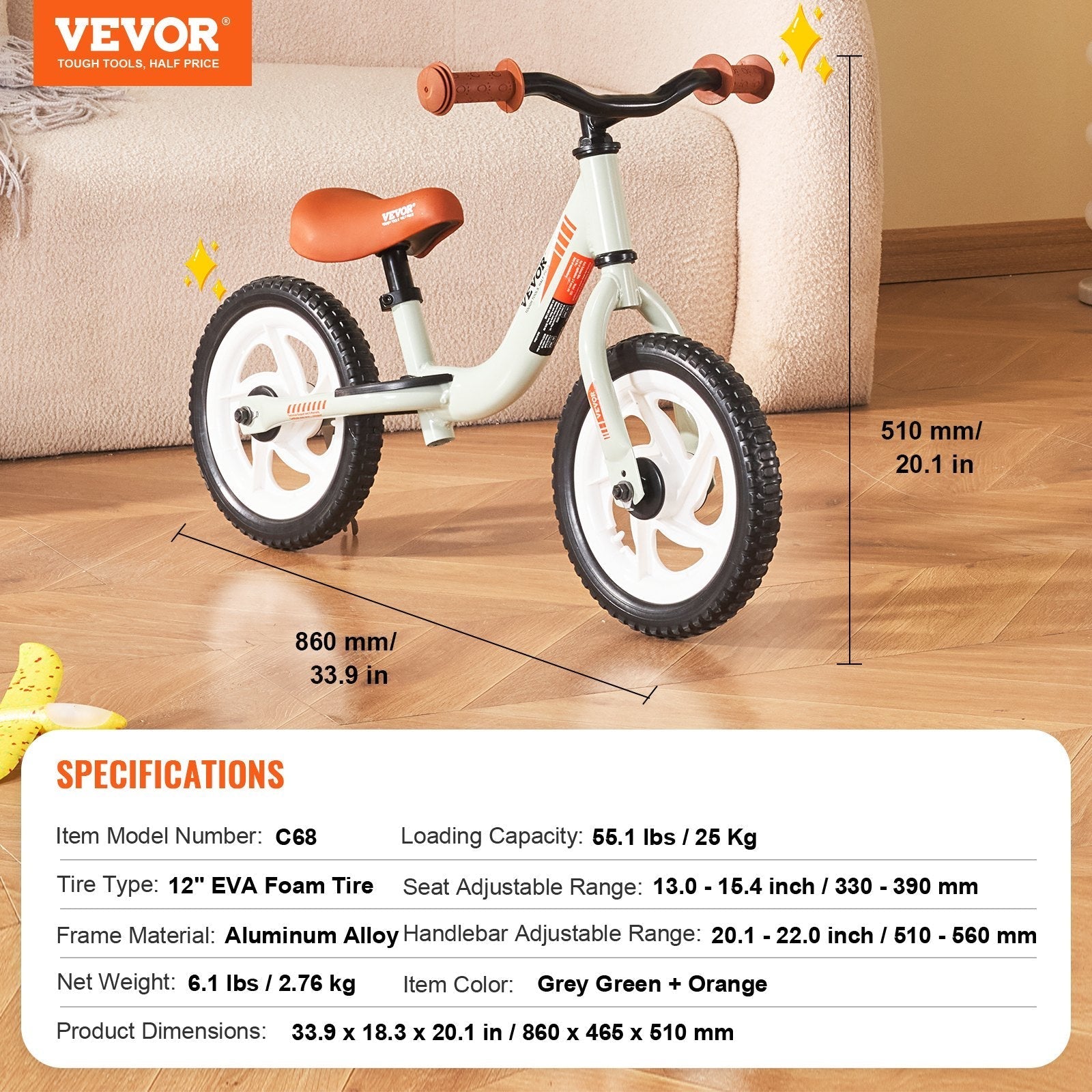 VEVOR Toddler Balance Bike, Lightweight Aluminum Alloy Balance Bicycle for Kids, with Adjustable Seat & Handlebar, 12