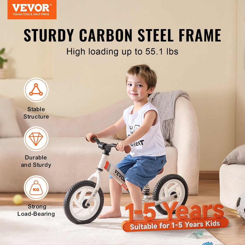 VEVOR Toddler Balance Bike, Carbon Steel Balance Bicycle for Kids with Adjustable Seat & Handlebar, 12