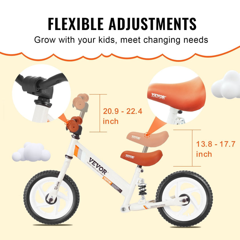 VEVOR Toddler Balance Bike, Carbon Steel Balance Bicycle for Kids with Adjustable Seat & Handlebar, 12