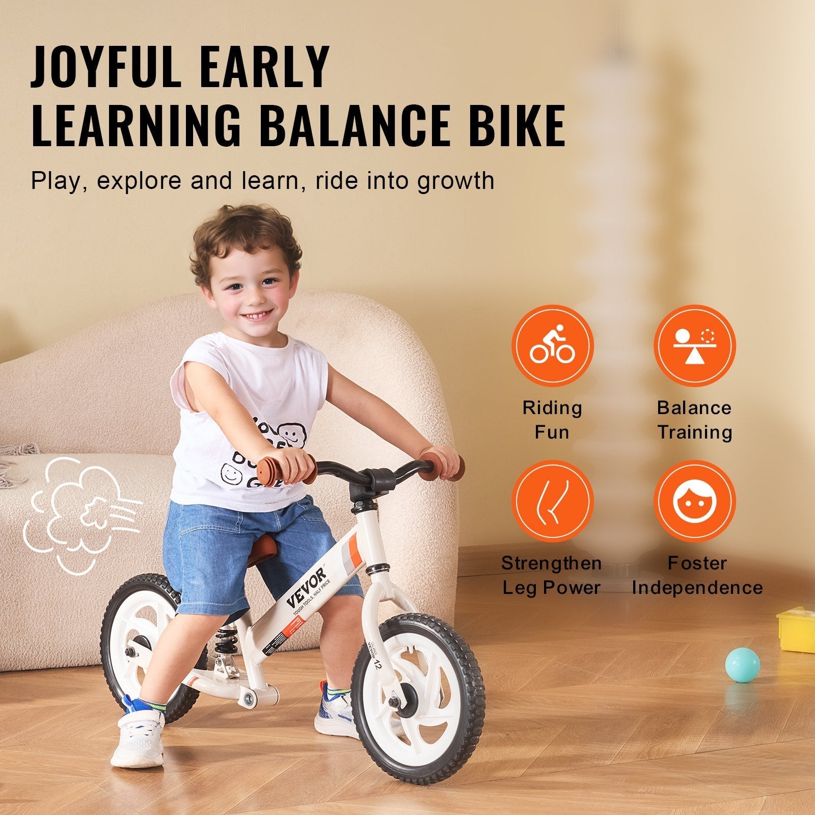 VEVOR Toddler Balance Bike, Carbon Steel Balance Bicycle for Kids with Adjustable Seat & Handlebar, 12