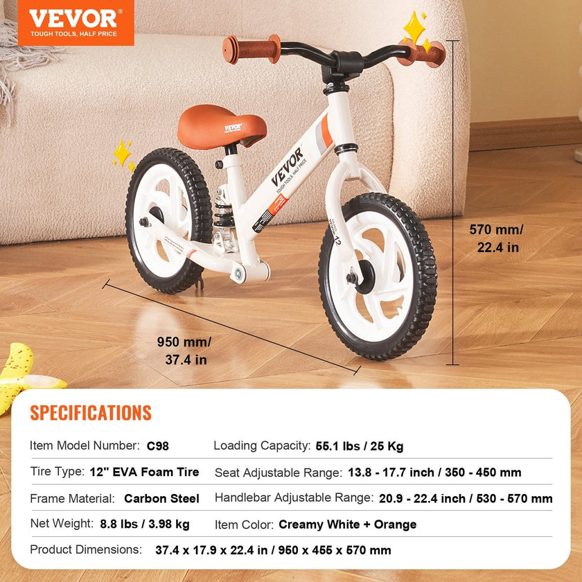 VEVOR Toddler Balance Bike, Carbon Steel Balance Bicycle for Kids with Adjustable Seat & Handlebar, 12