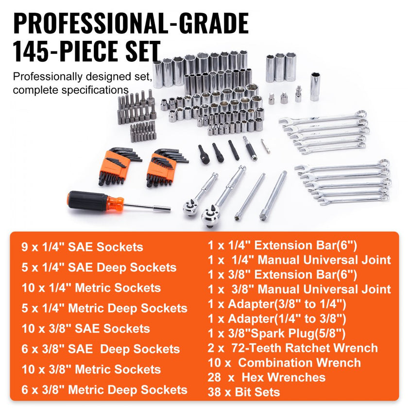 VEVOR Mechanics Tool Set and Socket Set, 1/4