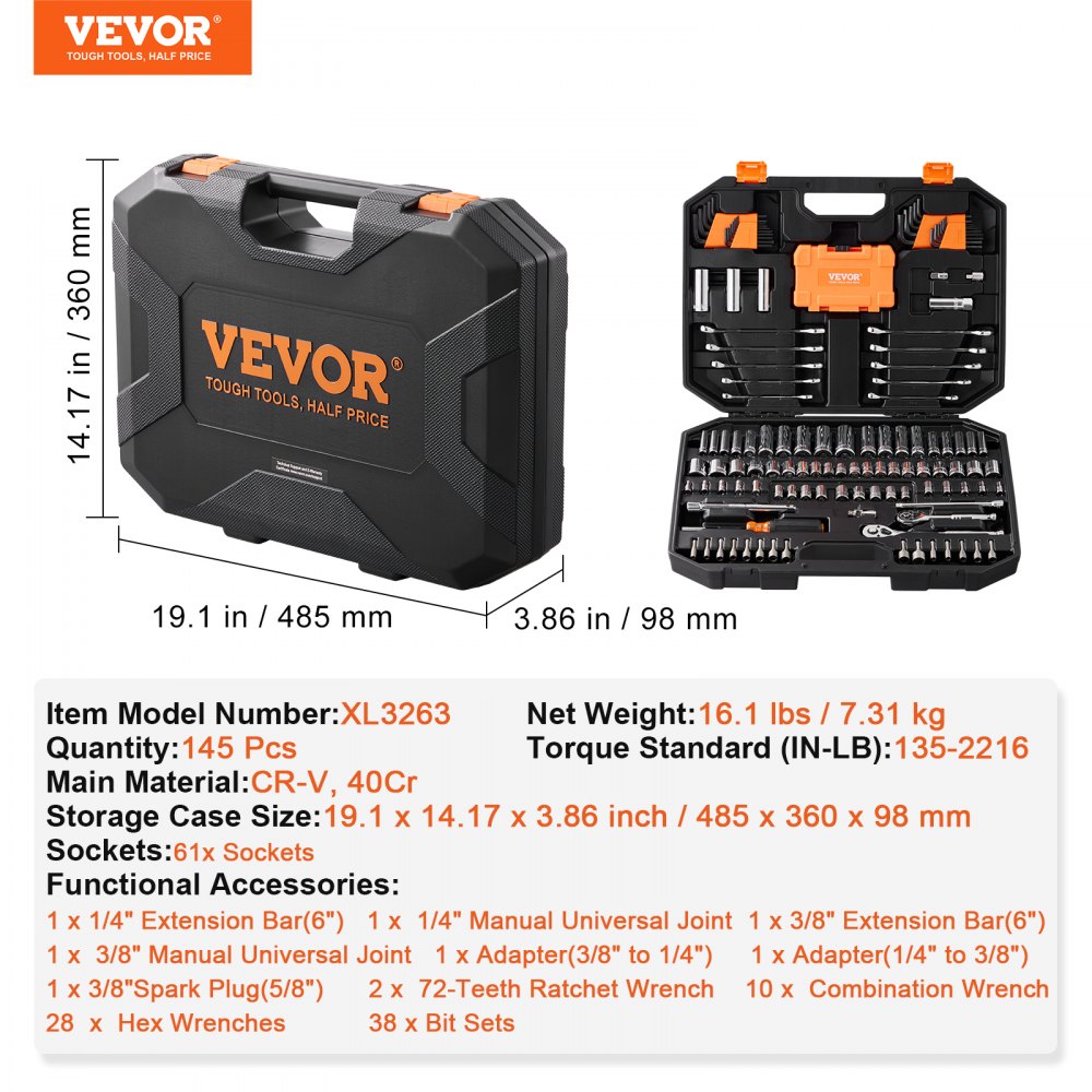 VEVOR Mechanics Tool Set and Socket Set, 1/4