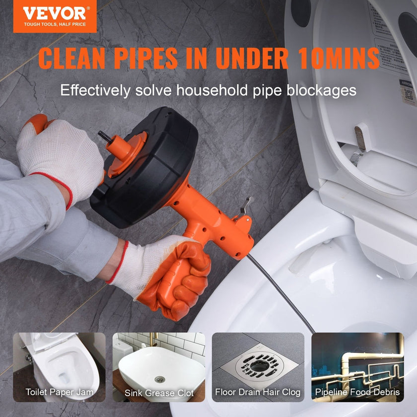 VEVOR Drain Auger, 25ft 1/4in Heavy Duty Flexible Drum Plumbing Drain Snake with Drill Adapter, Use Manually/Powered Steel Cable Clog Remover, Kitchen Bathrom Shower Sink with Gloves Autofeed Control