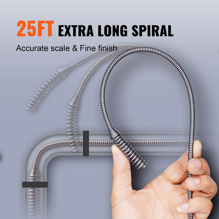 VEVOR Drain Auger, 25ft 1/4in Heavy Duty Flexible Drum Plumbing Drain Snake with Drill Adapter, Use Manually/Powered Steel Cable Clog Remover, Kitchen Bathrom Shower Sink with Gloves Autofeed Control