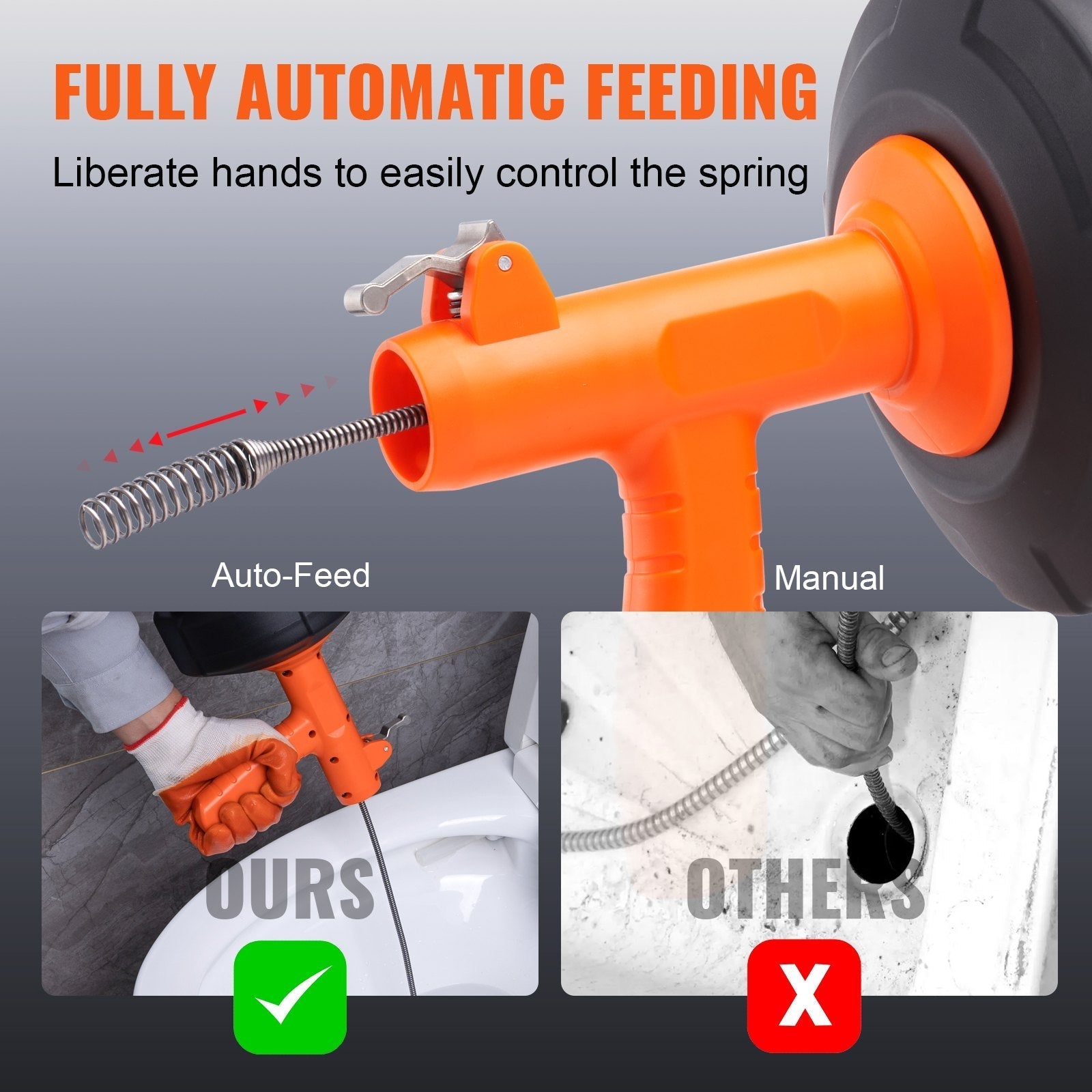 VEVOR Drain Auger, 25ft 1/4in Heavy Duty Flexible Drum Plumbing Drain Snake with Drill Adapter, Use Manually/Powered Steel Cable Clog Remover, Kitchen Bathrom Shower Sink with Gloves Autofeed Control