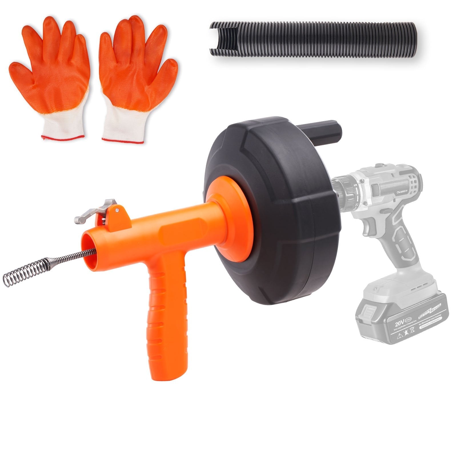 VEVOR Drain Auger, 25ft 1/4in Heavy Duty Flexible Drum Plumbing Drain Snake with Drill Adapter, Use Manually/Powered Steel Cable Clog Remover, Kitchen Bathrom Shower Sink with Gloves Autofeed Control