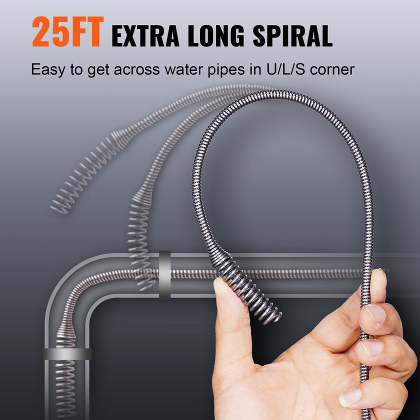 VEVOR Drain Auger, 25ft 1/4in Heavy Duty Flexible Drum Plumbing Drain Snake with Drill Adapter, Use Manually/Powered Steel Cable Clog Remover, Kitchen Bathrom Shower Sink with Gloves Handfeed Control