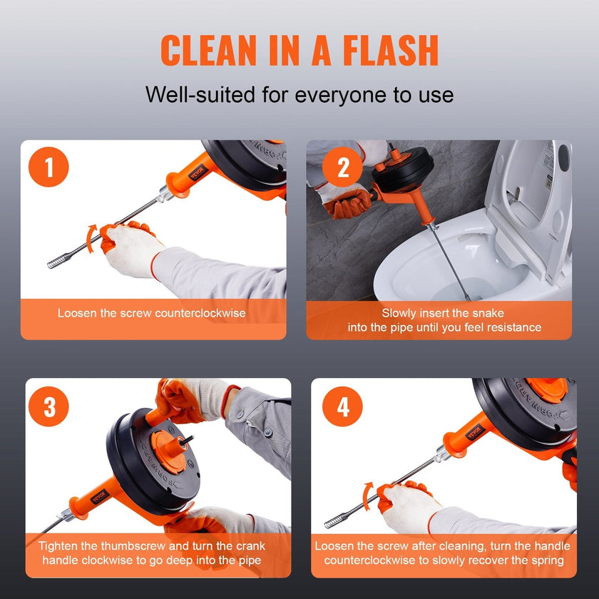 VEVOR Drain Auger, 25ft 1/4in Heavy Duty Flexible Drum Plumbing Drain Snake with Drill Adapter, Use Manually/Powered Steel Cable Clog Remover, Kitchen Bathrom Shower Sink with Gloves Handfeed Control