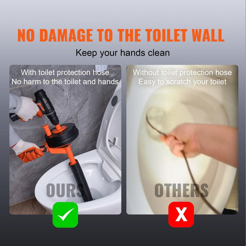 VEVOR Drain Auger, 25ft 1/4in Heavy Duty Flexible Drum Plumbing Drain Snake with Drill Adapter, Use Manually/Powered Steel Cable Clog Remover, Kitchen Bathrom Shower Sink with Gloves Handfeed Control