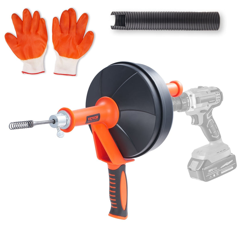 VEVOR Drain Auger, 25ft 1/4in Heavy Duty Flexible Drum Plumbing Drain Snake with Drill Adapter, Use Manually/Powered Steel Cable Clog Remover, Kitchen Bathrom Shower Sink with Gloves Handfeed Control