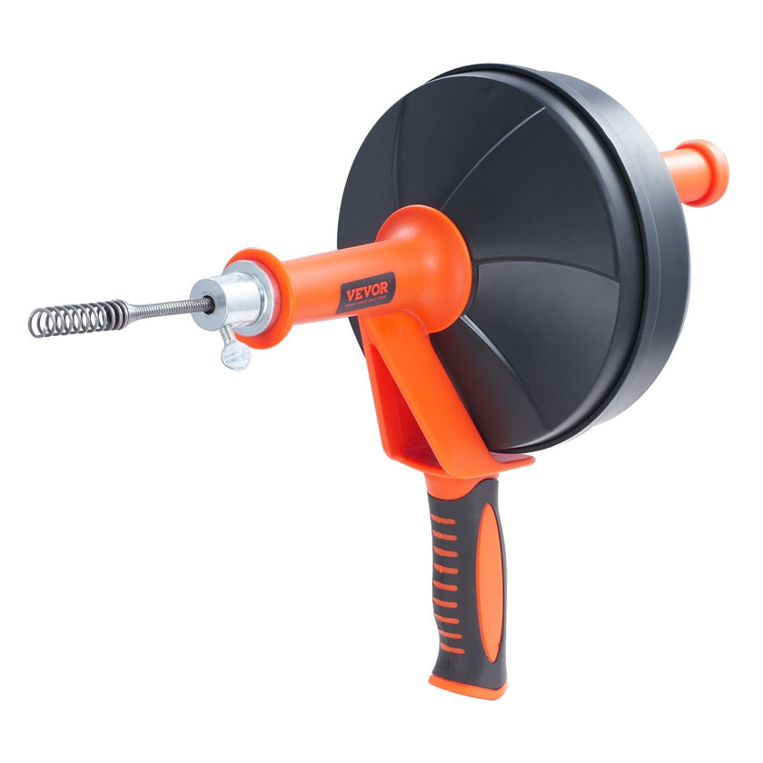 VEVOR Drain Auger, 25ft 1/4in Heavy Duty Flexible Drum Plumbing Drain Snake with Drill Adapter, Use Manually/Powered Steel Cable Clog Remover, Kitchen Bathrom Shower Sink with Gloves Handfeed Control