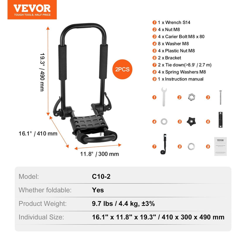 VEVOR Kayak Roof Rack 1 Pair J-Bar, Soft Roof Rack Quick Folding, Top Mount Tie Down, Carrier for kayak, Surf Board, Canoe, SUP, Ski Board, Mount on Car, SUV, Truck, 1 Kayak