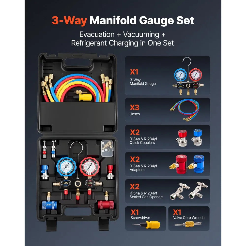 VEVOR AC Manifold Gauge Set for R134a, R404A, R1234yf & R22 – 3-Way Diagnostic Gauge Kit with 5 ft Hoses & Accessories