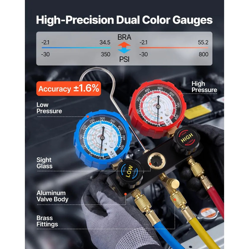 VEVOR AC Manifold Gauge Set for R134a, R404A, R1234yf & R22 – 3-Way Diagnostic Gauge Kit with 5 ft Hoses & Accessories
