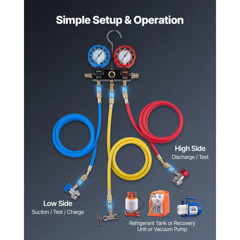 VEVOR AC Manifold Gauge Set for R134a, R404A, R1234yf & R22 – 3-Way Diagnostic Gauge Kit with 5 ft Hoses & Accessories