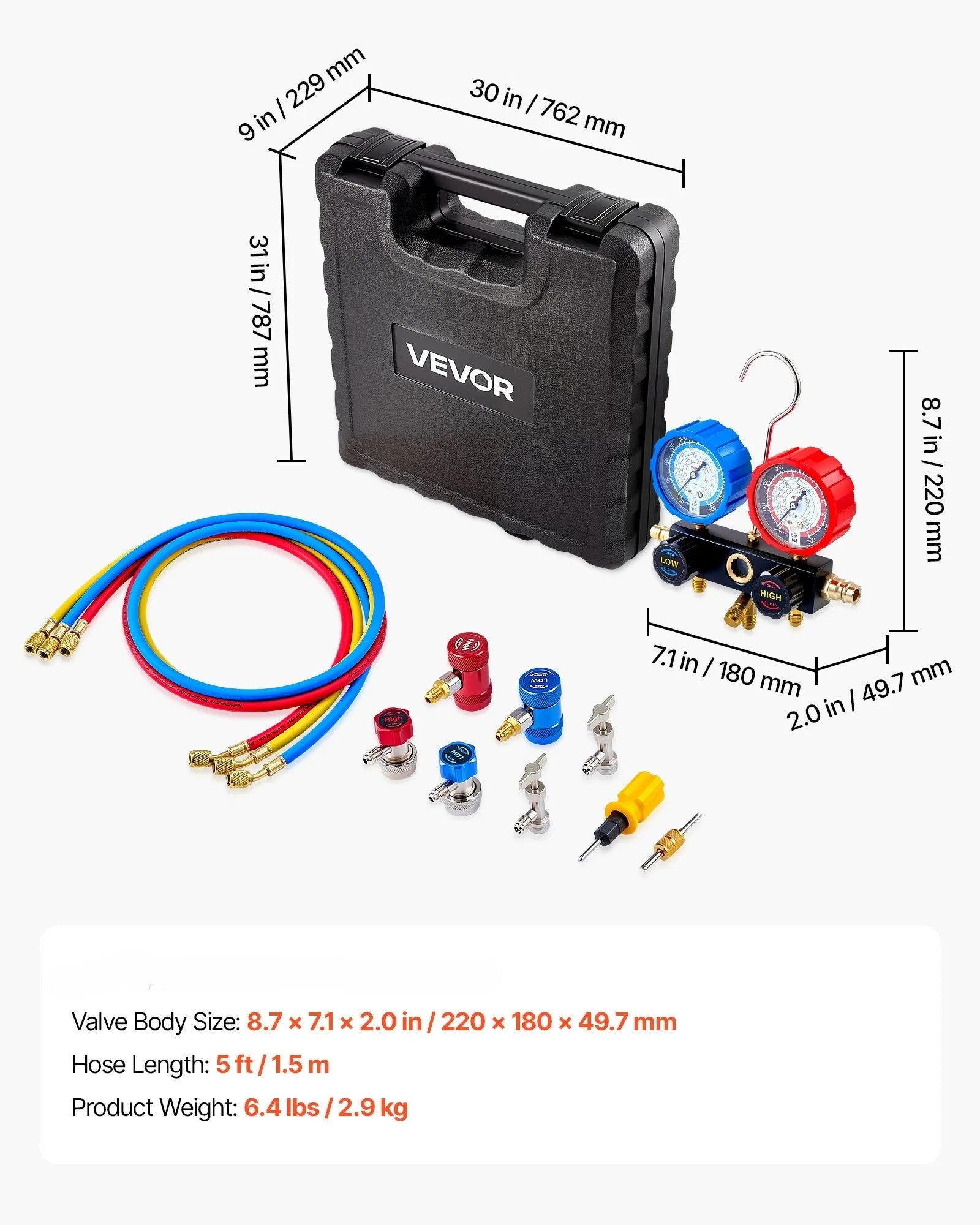 VEVOR AC Manifold Gauge Set for R134a, R404A, R1234yf & R22 – 3-Way Diagnostic Gauge Kit with 5 ft Hoses & Accessories