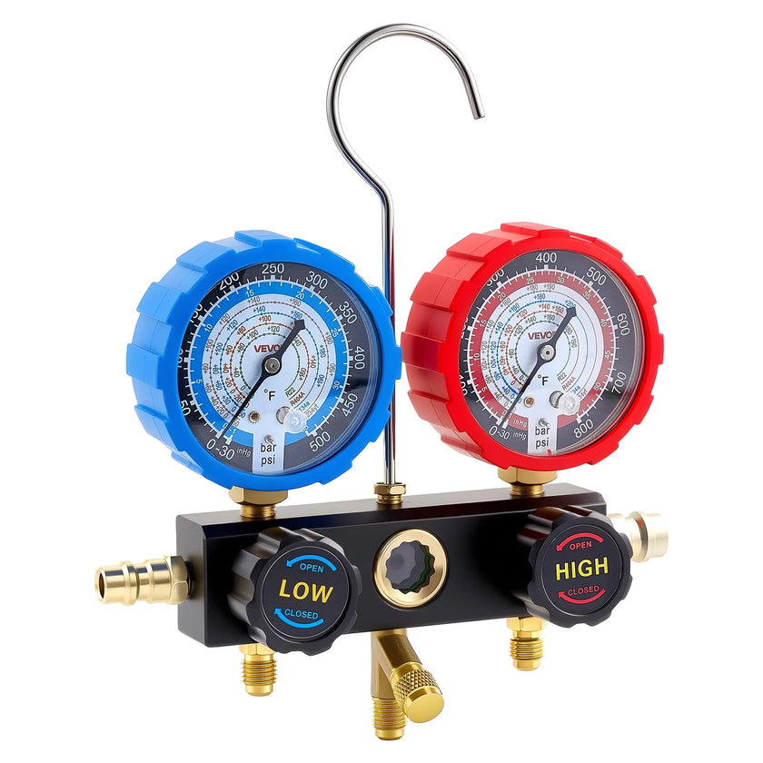 VEVOR AC Manifold Gauge Set for R134a, R404A, R1234yf & R22 – 3-Way Diagnostic Gauge Kit with 5 ft Hoses & Accessories