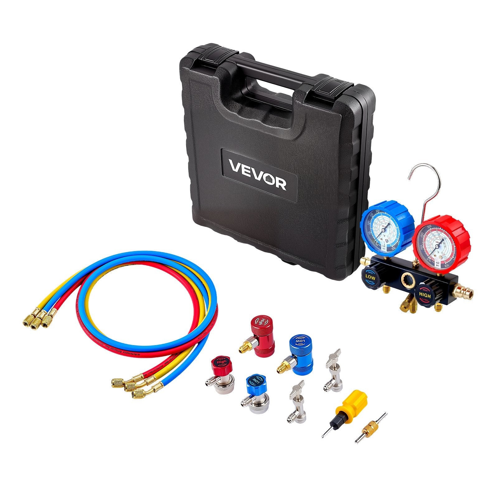 VEVOR AC Manifold Gauge Set for R134a, R404A, R1234yf & R22 – 3-Way Diagnostic Gauge Kit with 5 ft Hoses & Accessories